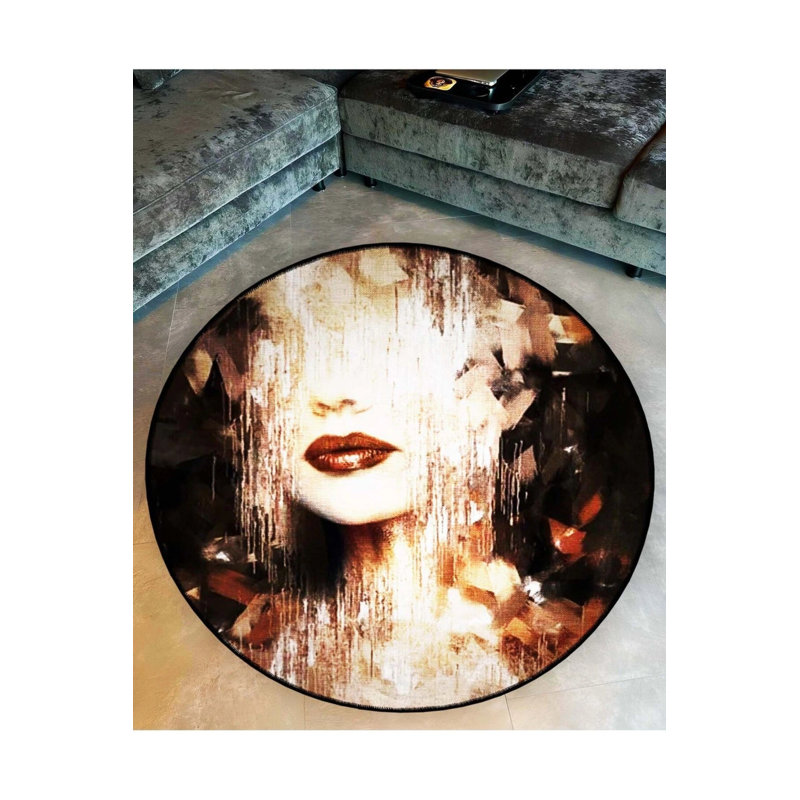Black Beige Theme Abstract Woman Stave Patterned Round Woven Base Modern Decorative Carpet, Round 2'8"