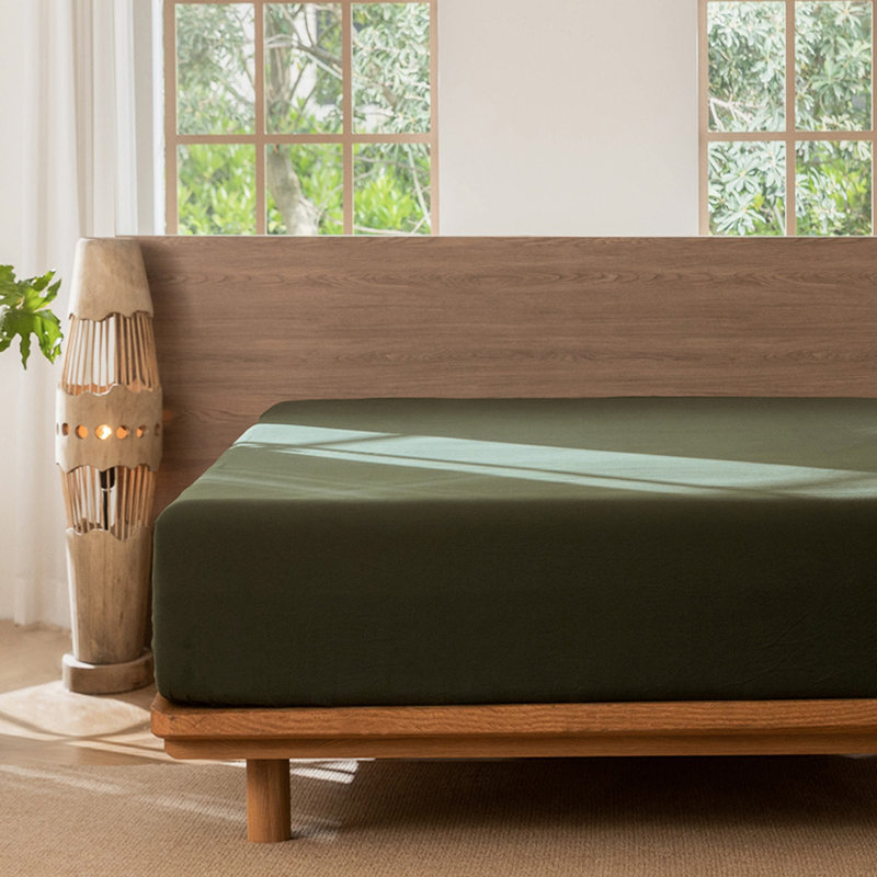Drap-housse MooMee 100% coton lavé extra profond, Vert olive, Très grand lit