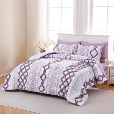 Pieces Purple Tufted Bed in a Bag King Size Boho Chic Farmhouse Bedding Set Soft Microfiber Ethnic Aztec Comforter Sets for Bedroom Mid-Century Bohemian Bedding Comforter Set