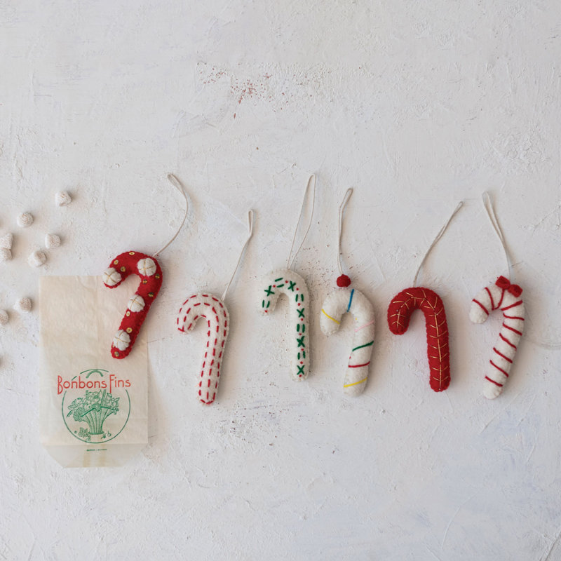 Handmade Wool Felt Candy Cane Ornament With Embroidery
