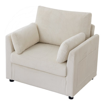 Corduroy Accent Chair with Side Storage Pockets & Pillows