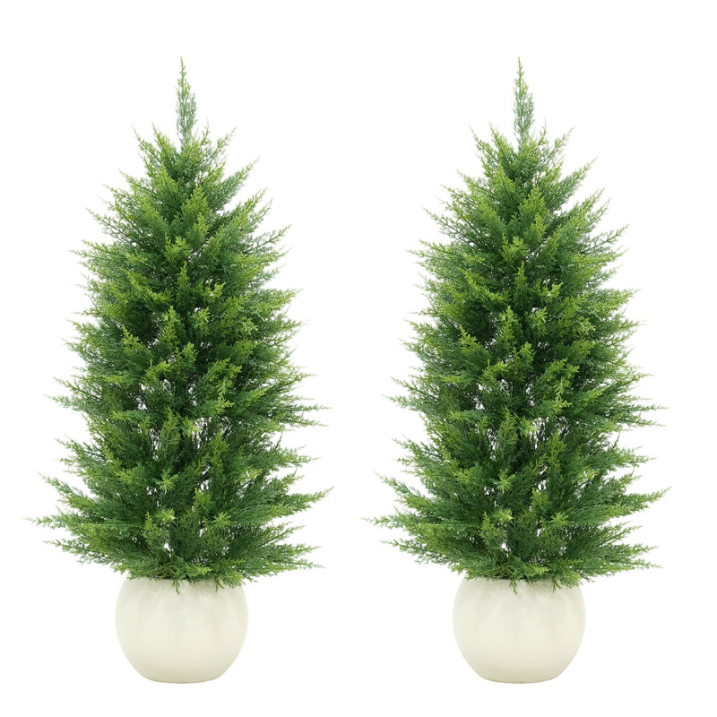 Topiaire de cèdre artificiel 4 pi, 2 PCS de verdure en pot de faux cyprès, faux arbustes à feuilles persistantes pour la décoration du salon de la porte d'entrée, cadeau de pendaison de crémaillère