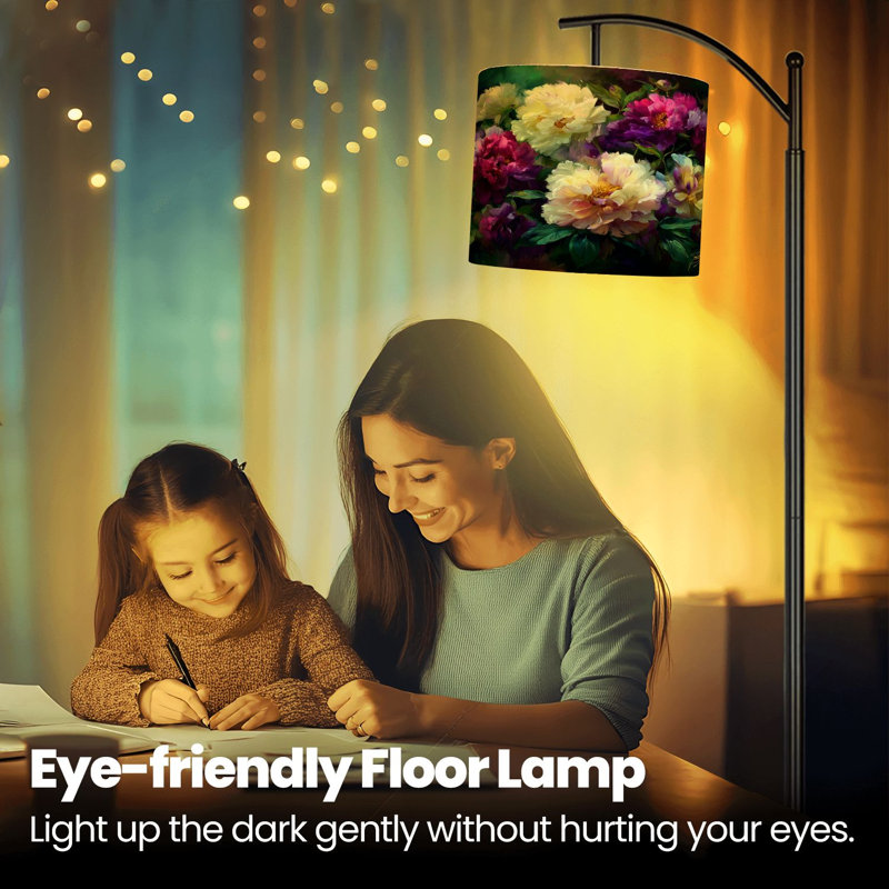 Lampe sur pied Arc Bouquet de pivoines Romantiques Lampe sur pied 3 lumières à intensité variable avec télécommande pour chambre à coucher, ampoule incluse
