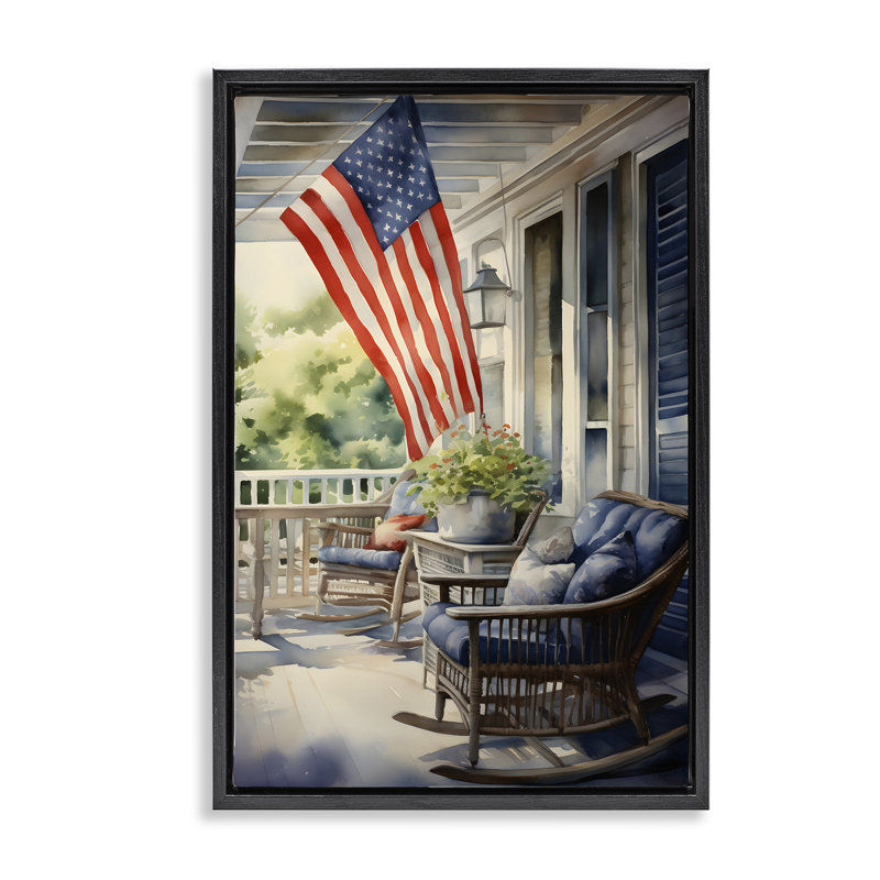 Porche avec drapeau américain, toile flottante encadrée par Petal Prints Design, H 25 po x l 17 po