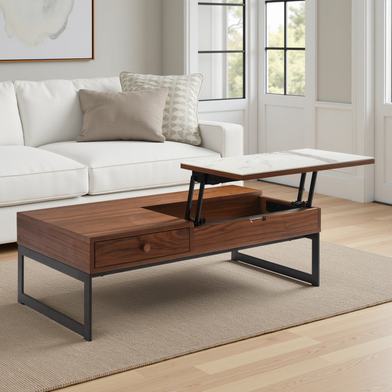 Faye Transitional Rectangular Lift-Up Coffee Table In Walnut Finish With Sintered Stone Panel, Black