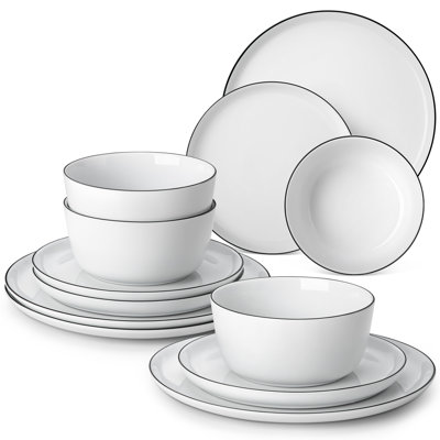 12-Piece White Ceramic With Black Rims Tableware Set ,Modern & Space-Saving Sleek Curved-Edge Design- Serves 4,Perfect For Home, Gifting &Entertaining