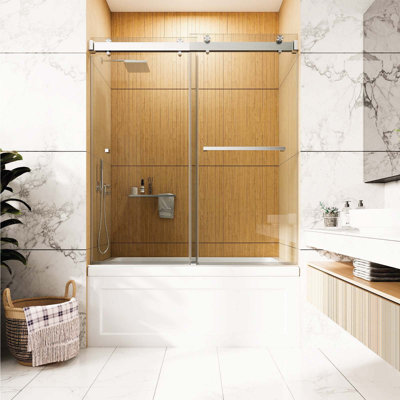 56" - 60" W X 66" H Frameless Soft Closing Double Sliding Low Iron Glass Shower Doors | 3/8" (10mm) Thickness Low Iron Tempered Clear Glass | Easy Clean Coating | Durable Stainless-Steel Hardware | Leak-Proof Precision