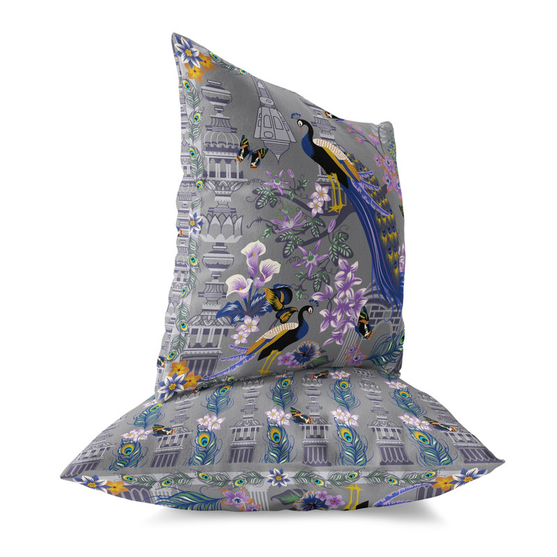 Housse de coussin intérieur / extérieur en polyester Peacock Paradise, 18 po x 18 po, Gris foncé