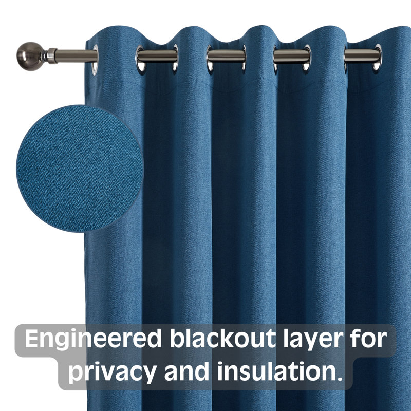 Linen Blackout Eyelet Curtains - Thermal Insulated Room Darkening Window Panels, Blue, 168cm Width x 183 cm Drop