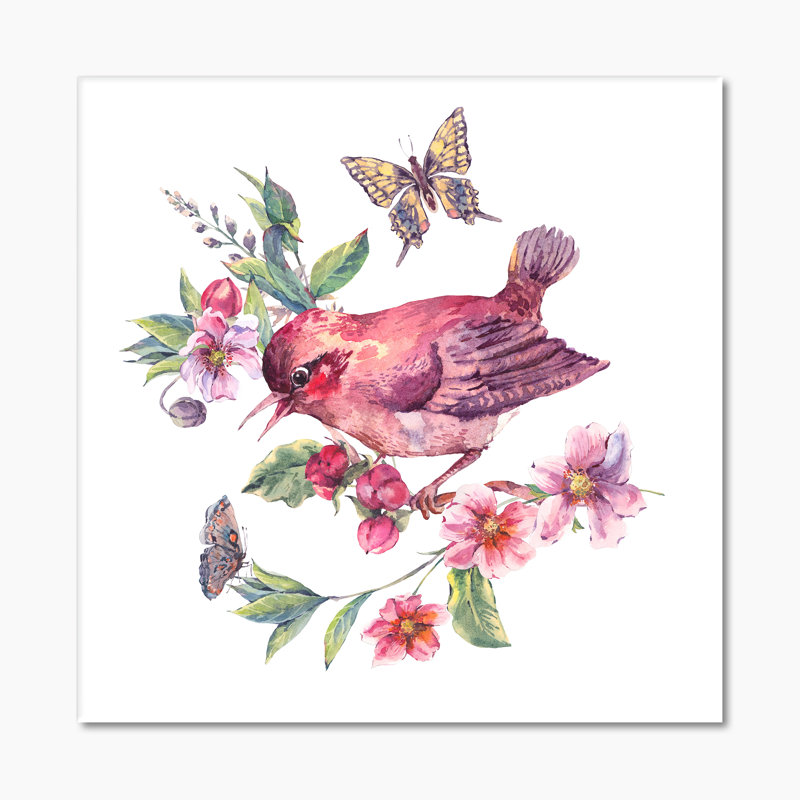 Oiseau sur une branche en fleurs I - peinture sur toile, H 36 po x l 36 po, Toile tendue