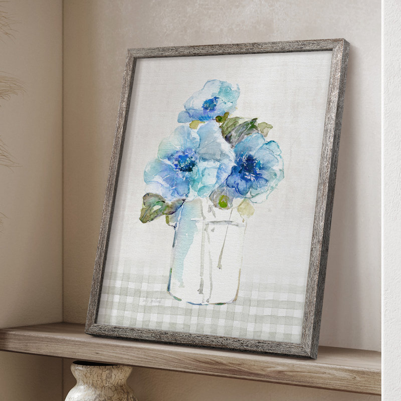 «Gingham Blue Flowers I», reproduction encadrée - bois massif 48672, H 30 po x l 24 po