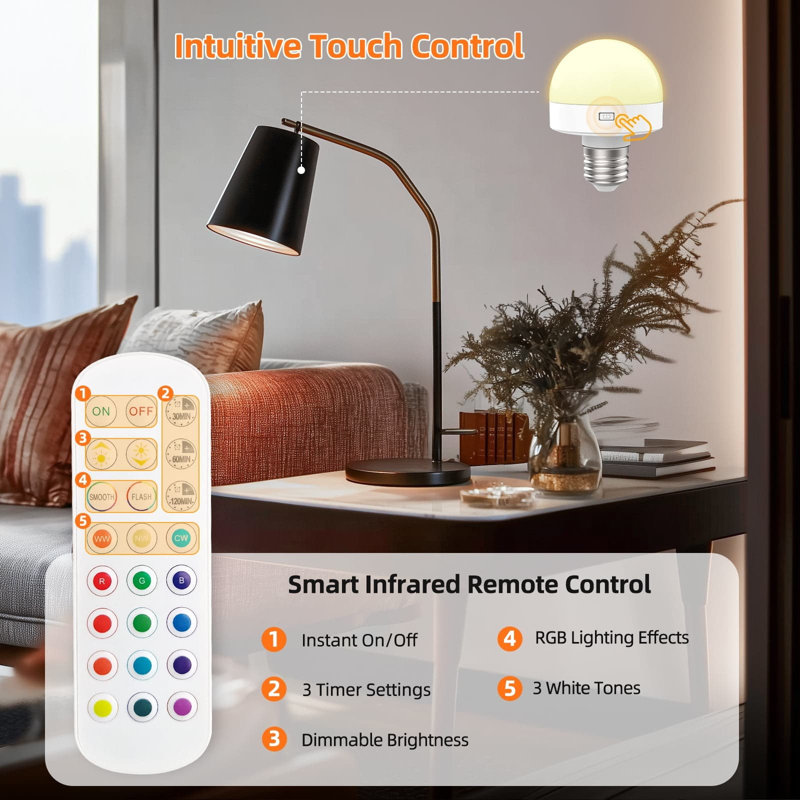 Ampoules magnétiques rechargeables 2in1 E26 avec télécommande DEL 15 couleurs, 3000K / 4500K / 6000K à intensité variable pour lampes de camping non-câblées, armoires de camping, paquet de 2