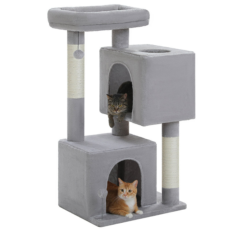 Arbre à chat L 43,3 po pour chat de taille moyenne à plus de 20 lb, 2 grottes spacieuses avec grattoir épaissi de 3,4 po, grand perchoir supérieur, 2 jouets interactifs