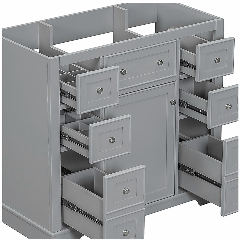 Comptoir de salle de bain 36 po sans lavabo, base d'armoire, une armoire et un tiroir, gris