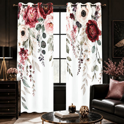 2 pièces de rideaux à œillets à imprimé floral rouge, style botanique rétro, élégant motif de vigne suspendue, filtrant la lumière et décoratif pour le salon, la chambre à coucher et le salon