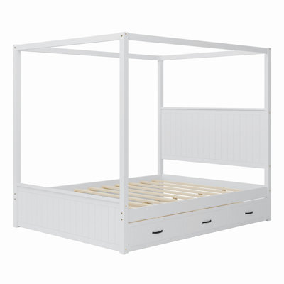 Modern Canopy Platform Bed with Trundle and Three Storage Drawers,4-Post Solid Wood Bed Frame with Headboard,No Box Spring Needed