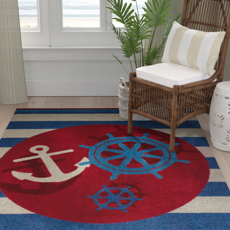 Tapis rayé bleu / rouge Aquavia, Tapis de couloir 2 pi 1 po x 7 pi 8 po