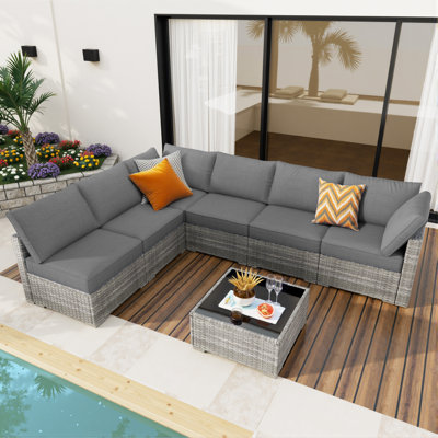 6 - Person Patio Furniture Set, Outdoor Wicker Rattan Sectional Seating Group With Cushions, All Weather Sofa Conversation Set With Coffee Table For G by Ebern Designs