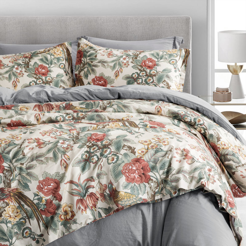 Modern & Contemporary Cotton Sateen Floral Duvet Cover, King Duvet Cover + 2 Shams