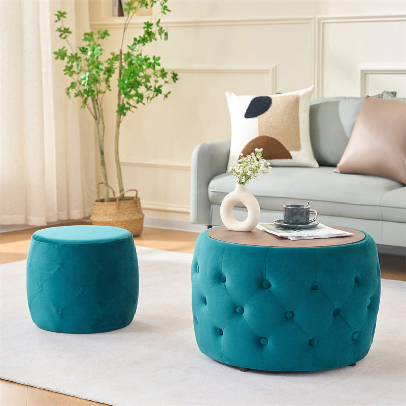 Luxueux repose-pieds gigognes en velours 2 fonctions 4 en 1 avec plateau en bois, aucun assemblage requis, Blue