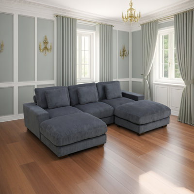 Corduroy 5-Piece Modular Sofa With Ottoman – Loose-Back Pillow Design, Solid Wood Frame, Living Room Sectional