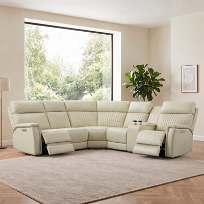 Emlin 6-Piece, 2 Power Recliners Leather Reclining Sectional, Power Headrest & Lumbar