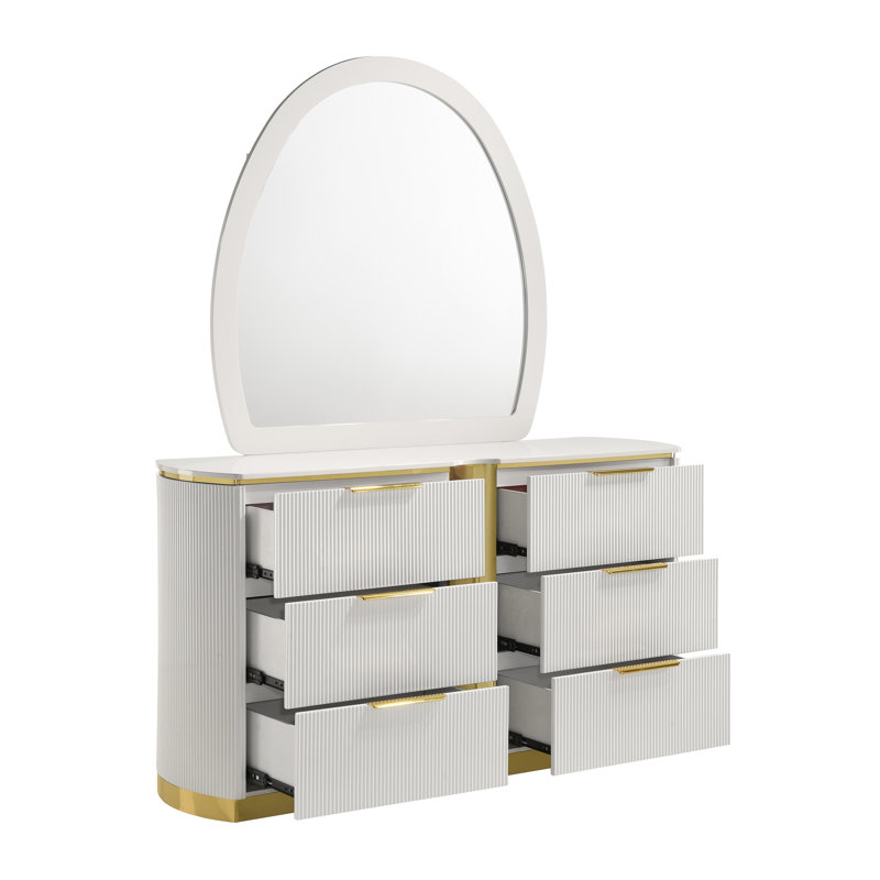 Ensemble de chambre à coucher Edward 4 pièces pour lit king, blanc et or, 4 Pcs: Bed, Dresser, Mirror, Nightstand, Très grand