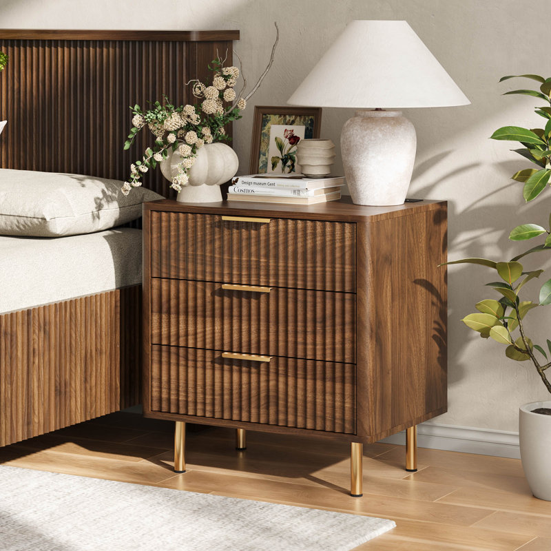 Smart Nightstand With Faux Marble Top, Charging Station, Voice-Controlled Led Light And 2 Drawers, Walnut