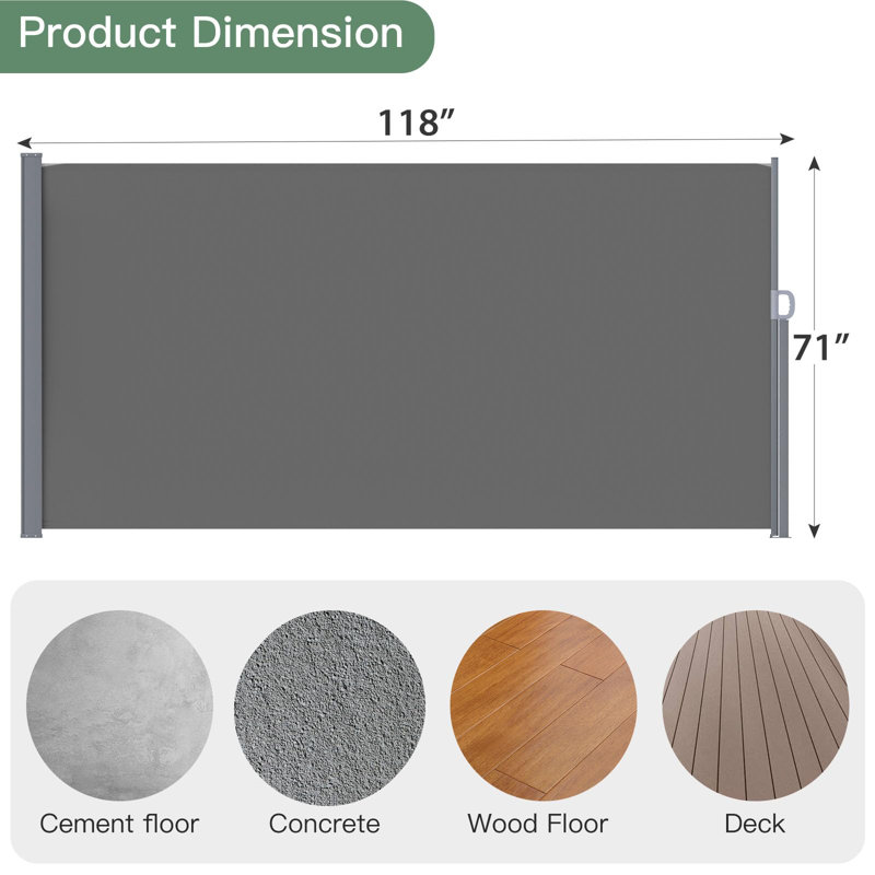 Auvent latéral rétractable en tissu, Gris foncé, H 71 po x l 118 po