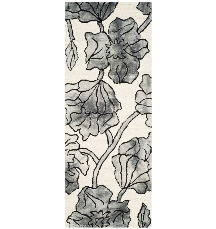 Tapis floral en laine et en coton touffeté à la main de couleur ivoire / gris clair Coleman