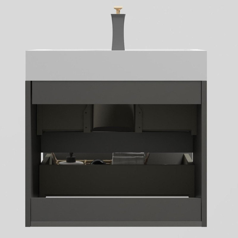 Meuble-lavabo moderne avec lavabo, Gris, Blanc