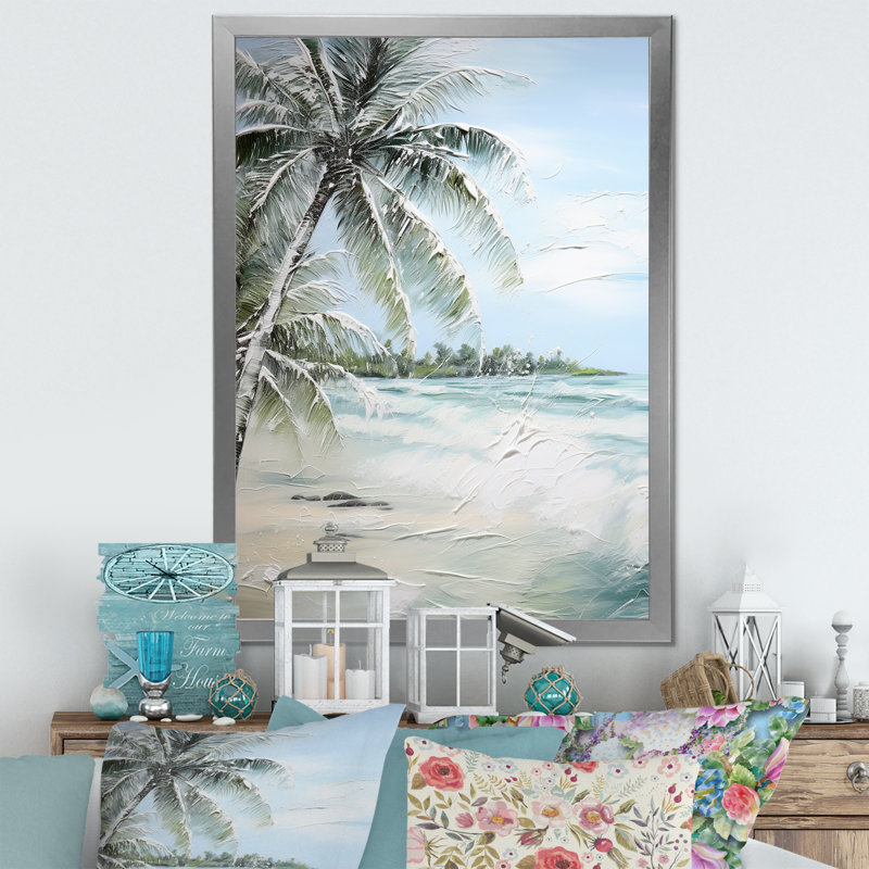 " Palm Tree Ocean View Paradise ", 44" H x 34" W x 1.5" D, Silver Framed