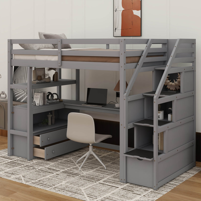 Loft Bed With Integrated Desk And Shelving Units, Gray