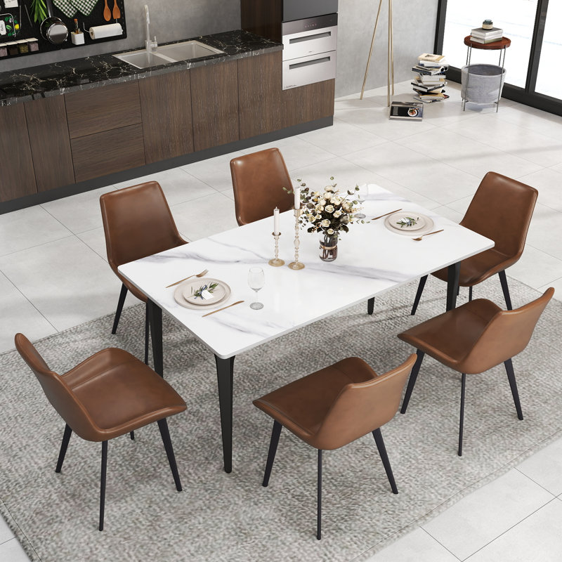 6 Seat Modern Stone Dining Table Set With Faux Leather Side Chairs, 7-piece Dining Set, White, Brown