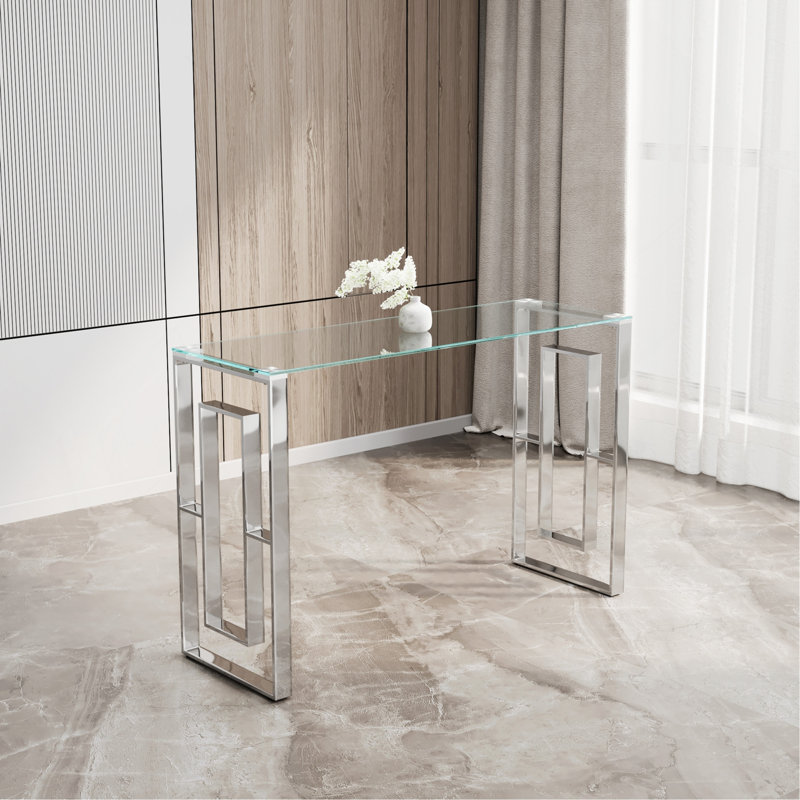 Console en verre d'acier inoxydable, table d'appoint repas argentée transparente BS-02 S