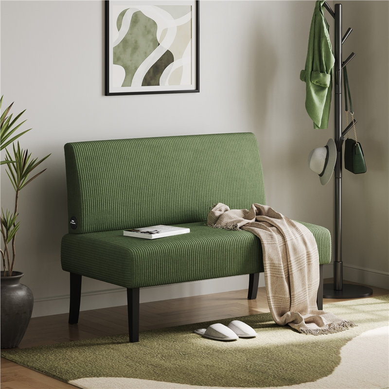 39" Corduroy 2-Seat Armless Loveseat, Upholstered Bench with USB Ports, Green, Green