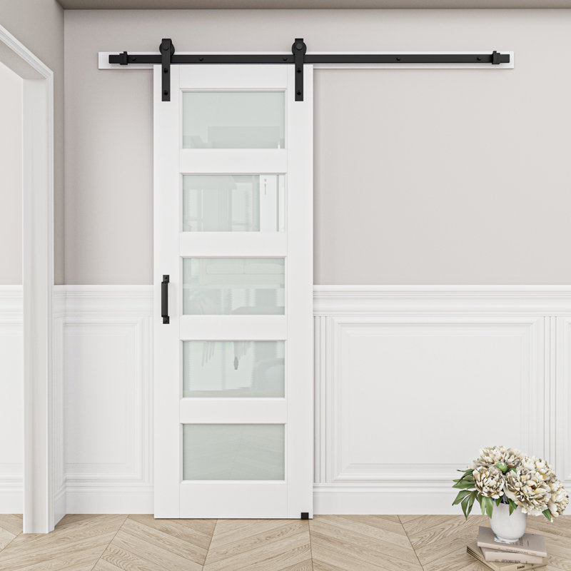 5-Lite Frosted Glass White Primed Sliding Barn Door with Installation Hardware Kit(No Assembly Required), 32" x 80"