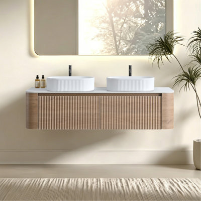 60 Inch Bathroom Vanity With Sink, Honey Oak Wall Cabinet With Free Towel Rack, Double White Oval Striped Ceramic Basins Design, Without Drain And Faucet, Pre-Assembled