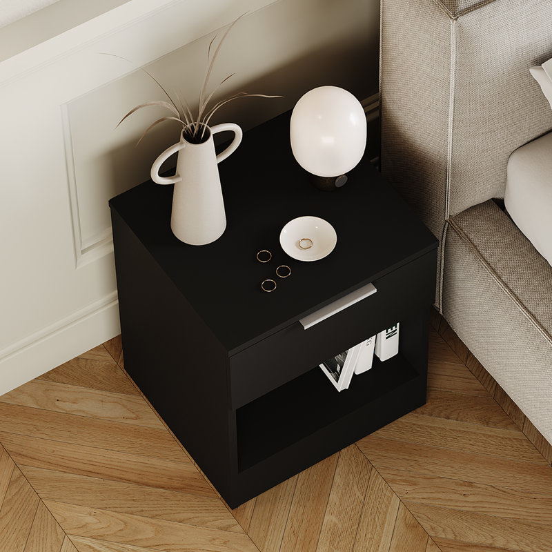 Tanishi 1 Drawer Bedside Chest With Open Storage Shelf Modern Bedroom Nightstand, Black