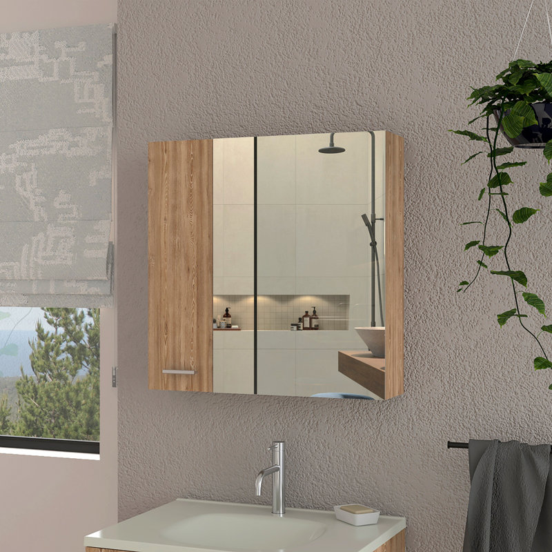4-Shelf Bathroom Medicine Cabinet With Mirror, Beige