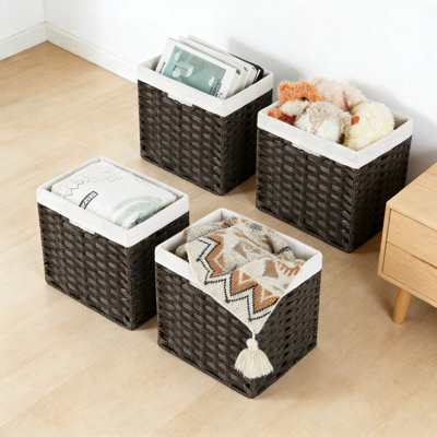 Bidtakay Hand-Woven Wicker Cube Storage Baskets 4 Pack With Removable Liner, Waterproof Foldable Organizer Bins For Home, Closet, Pantry, And Shelf