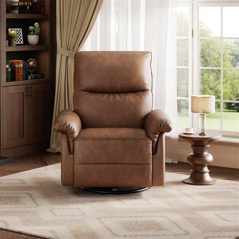 Oversized Swivel Rocker Recliner Chair for Living Room, Modern PU Leather with Deep Seat & Padded Armrests, 360° Glider Single Sofa, Manual Reclining for Bedroom or Nursery - Brown