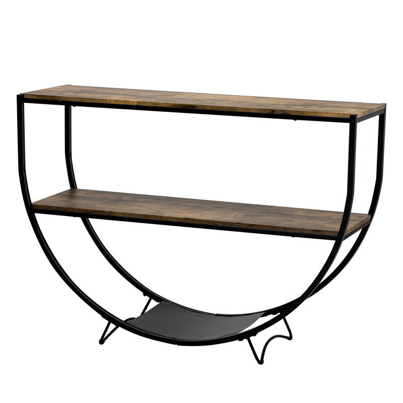 Rustic Industrial Design Demilune Shape Textured Metal Distressed Wood Console Table, Distressed Brown