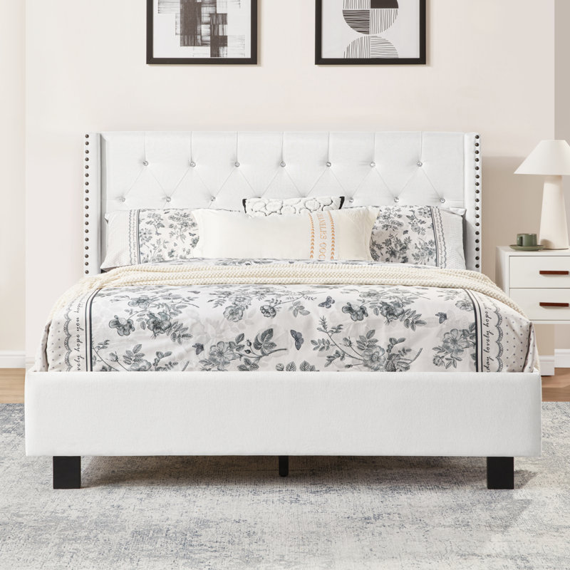 Upholstered Bed Frame with Wingback Tufted Headboard, Queen, White