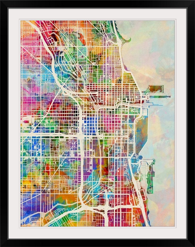 «Chicago City Street Map» par Francy, impression, Cadre noir, H 32 po x l 26 po x P 1 po