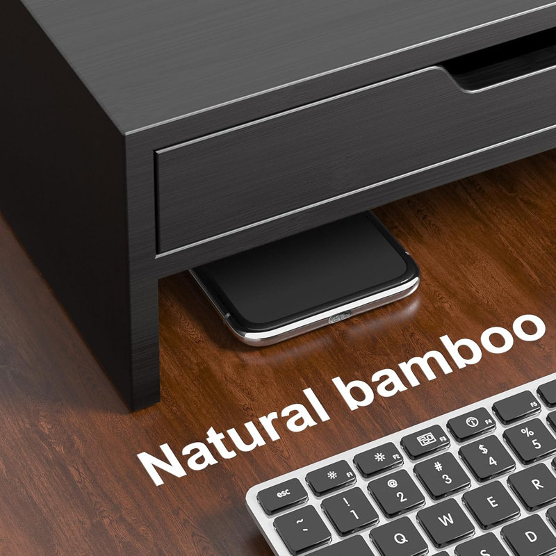 Monitor Stand With 2 Storage Drawers, Premium Bamboo Dual Monitor Stand Riser With Adjustable Length And Angle, Desk Organizer For Computer Laptop,  Black