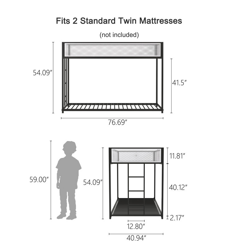 Ashton Metal Bunk Bed Metal with White Mesh Guard Rail, Twin Over Twin