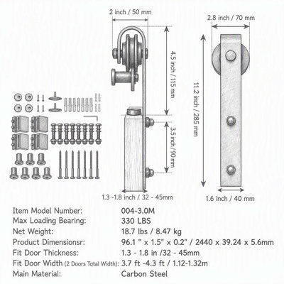 Ensemble de quincaillerie pour rail de porte coulissante de grange de 2,4 m (8 pi), capacité de charge de 150 kg (330 lb) pour portes doubles, compatible avec une largeur de porte totale de 1,13 à 1,3 m (3,7 à 4,3 pi) et des panneaux de 3,3 à 4,6 cm (1,3 à 1,8 po) d'épaisseur, poulies en J silencieuses et fluides.