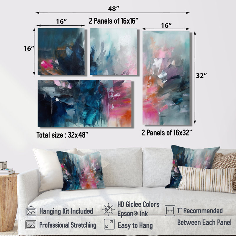 «Blue and Pink Explosion Abstract», art mural abstrait sur toile 4 pièces, Toile tendue, Ne s’applique pas