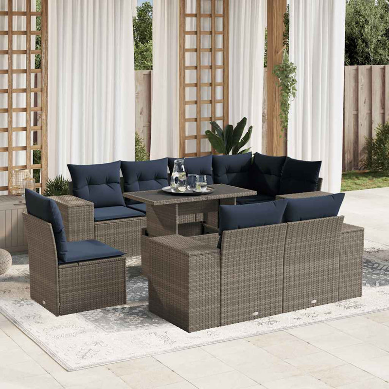 Ensemble de canapé de patio 9 pièces avec coussins en rotin de polyester, Gris, Marine